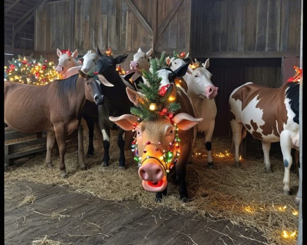 Cheerful Cows in a Festive Barn Decorated for Christmas
