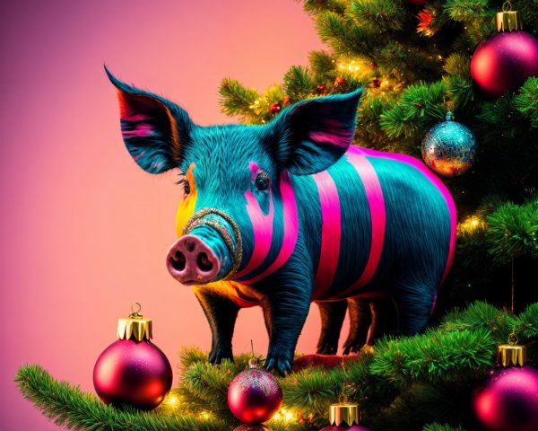 Vibrant Pig Among Colorful Christmas Tree Branches