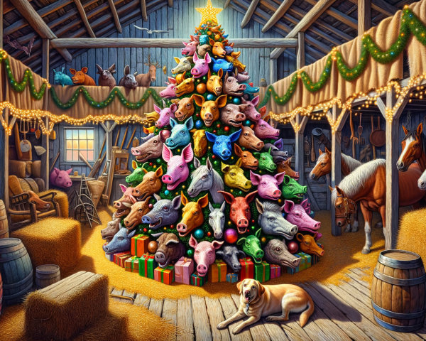 Whimsical Christmas Tree in Rustic Barn Setting