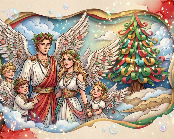 Angelic Family Decorating Christmas Tree Illustration