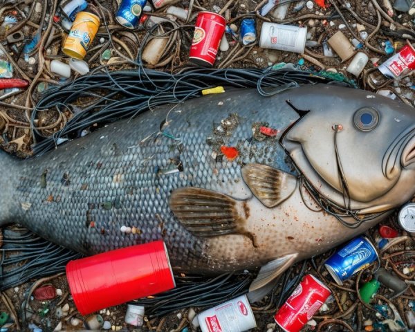 Large fish surrounded by colorful discarded waste