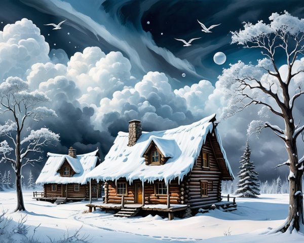 Serene Winter Landscape with Log Cabins and Snow