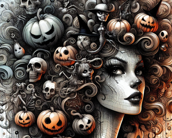Surreal Portrait of Woman with Halloween Elements