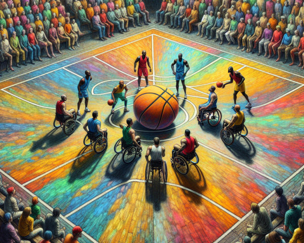 Diverse Wheelchair Basketball Game on Colorful Court