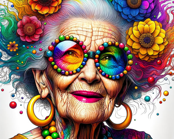 Vibrant Portrait of an Elderly Woman with Colorful Accessories