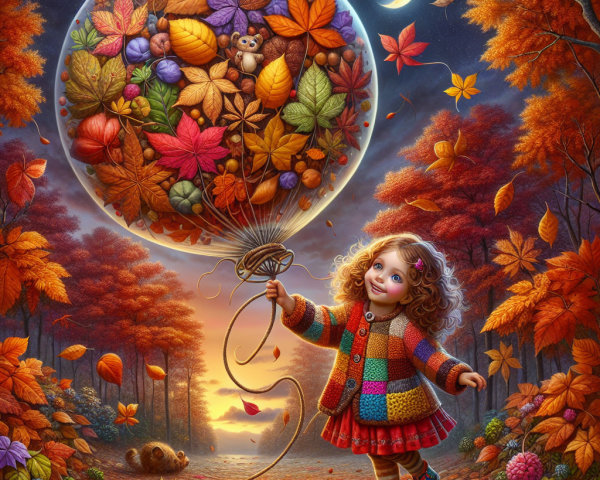 Joyful Girl with Balloon in Autumn Sunset Setting