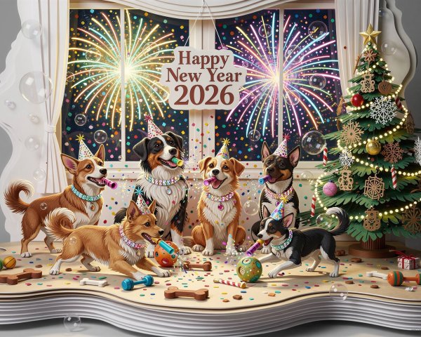 Dogs in Party Hats Celebrate New Year's Eve with Fireworks