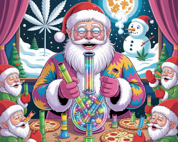 Santa Claus and Elves Gathered Around a Table with Bongs
