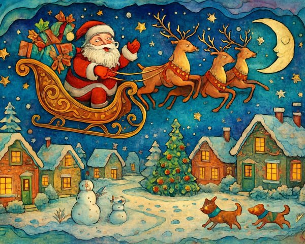 Watercolor Painting of Santa Claus in Golden Sleigh