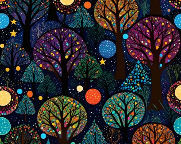 Whimsical Illustration of Colorful Trees at Night