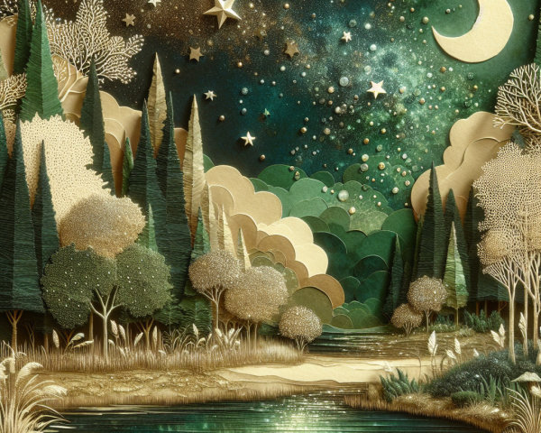 Whimsical Landscape with Tranquil Pond and Starlit Sky