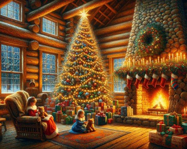 Rustic Log Cabin Interior Decorated for Christmas