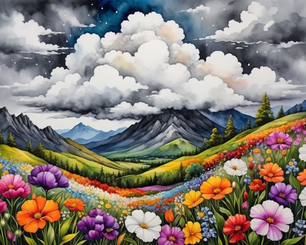 Vibrant Landscape with Colorful Wildflowers and Mountains