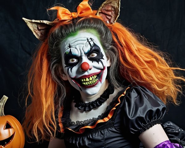 Spooky Clown Character with Orange Hair and Dark Makeup