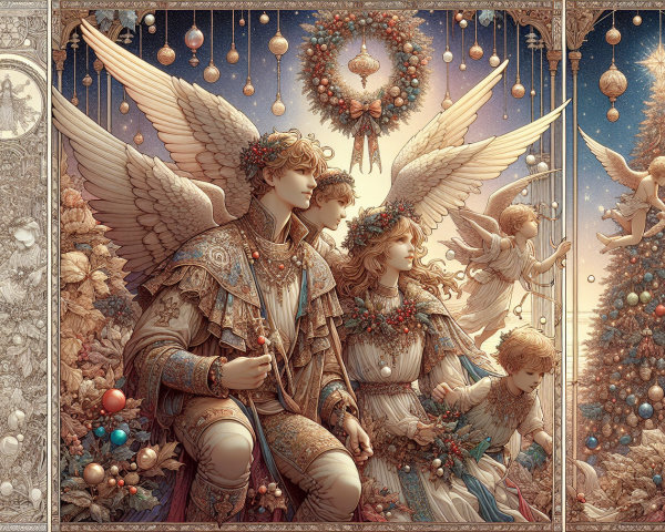 Ornate Triptych Digital Painting of Christmas Angels