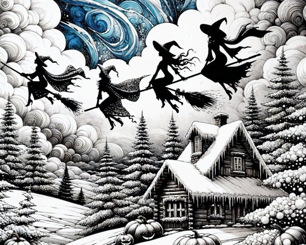 Silhouetted Witches Flying in a Starry Night Sky