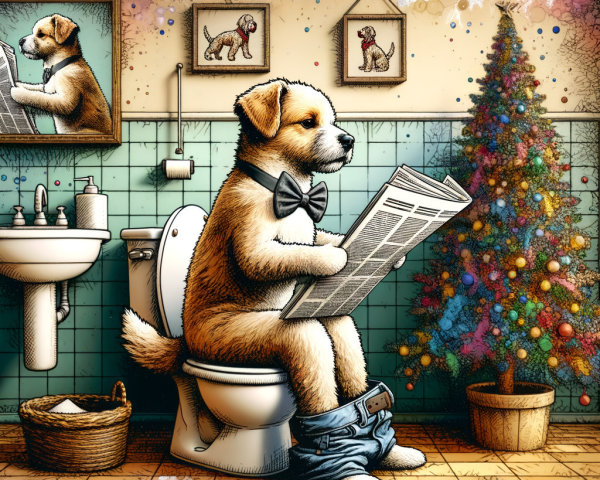 Dog in Bow Tie on Toilet with Christmas Decor