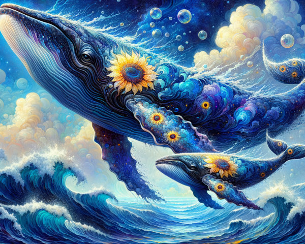 Surreal Seascape with Whales and Colorful Waves