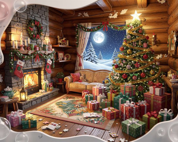 Cozy Christmas Scene in a Log Cabin with Fireplace