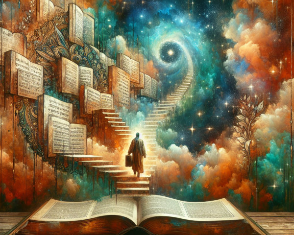 Open Book on Wooden Surface with Cosmic Staircase