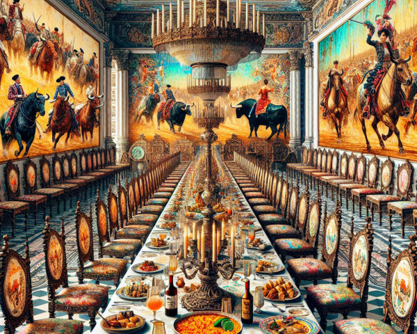 Opulent Banquet Hall with Equestrian Paintings