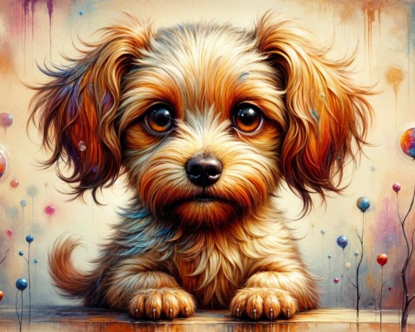 Fluffy Puppy with Large Eyes on Colorful Background
