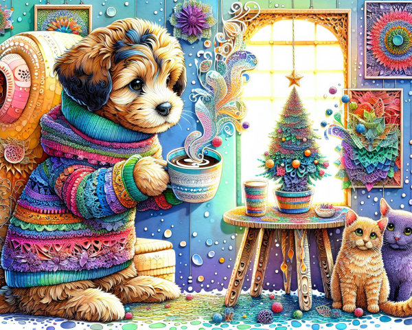 Cozy Scene with Dog, Cats, and Christmas Decor