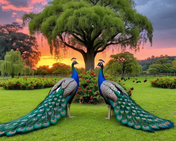 Peacocks in a Lush Garden at Sunset