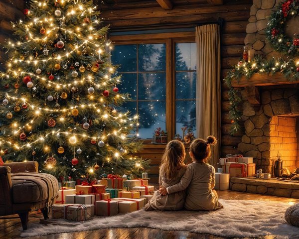 Young girls admiring a decorated Christmas tree in cabin