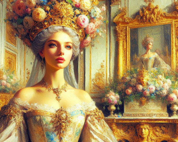 Regal Woman in Luxurious Gown in Opulent Setting