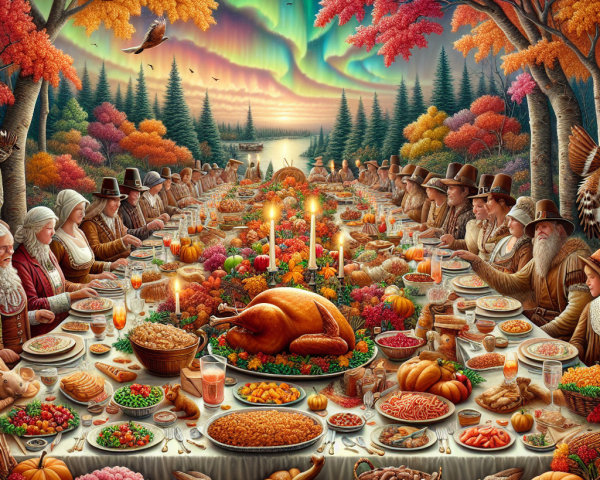 Autumn Feast with Pilgrims and Native Americans