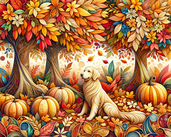Autumn Scene with Golden Retriever and Colorful Leaves