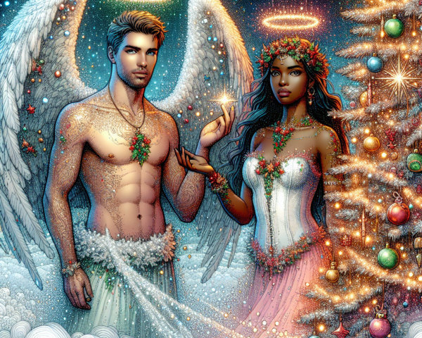 Angels in Festive Attire Against Starry Night Sky