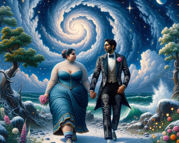 Couple Walking Under a Galaxy in Dreamlike Landscape