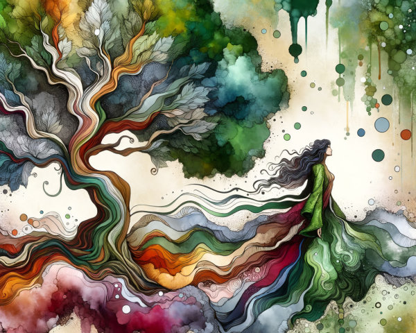 Watercolor Illustration of a Whimsical Tree and Figure