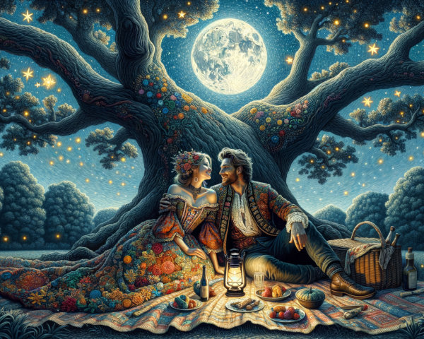 Romantic Picnic Scene Under Moonlit Tree