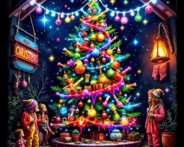 Festive Christmas Tree with Children in Cozy Room