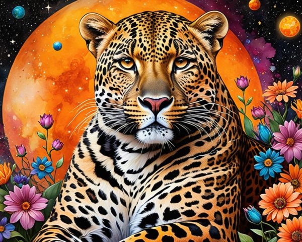 Leopard Against Cosmic Backdrop with Colorful Flowers