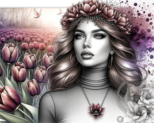 Artistic Drawing of Woman in Mystical Forest Setting