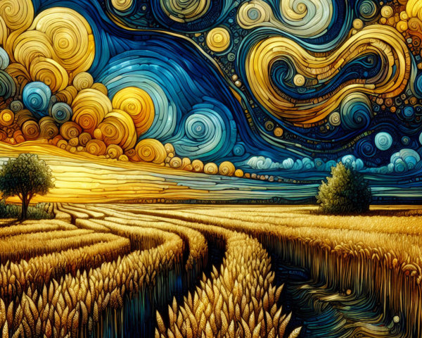 Vibrant Landscape with Wheat Fields and Sunset Sky