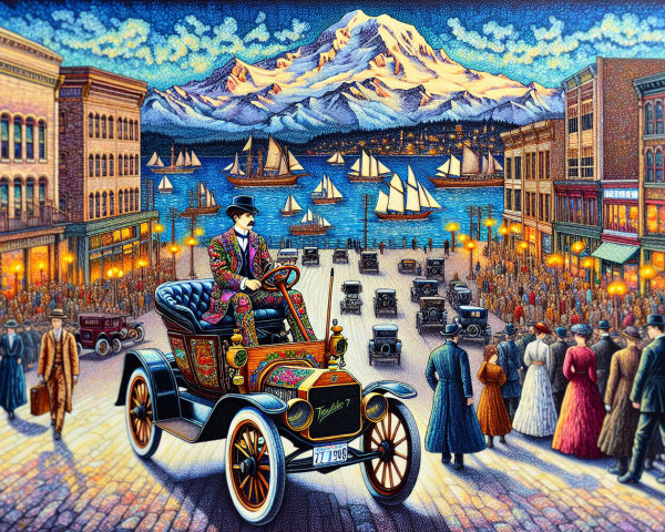 Vibrant Early 20th-Century Town Scene with Vintage Car