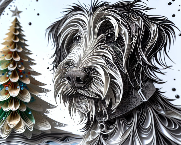 Intricate Paper-Cut Dog Artwork with Christmas Tree