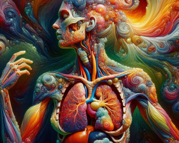 Stylized Human Figure with Vibrant Patterns and Anatomy