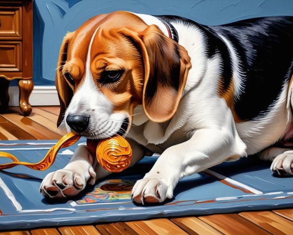 Playful Beagle Chewing Bright Orange Yarn on Mat
