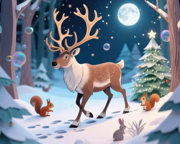 Whimsical Winter Forest Scene with Reindeer and Creatures