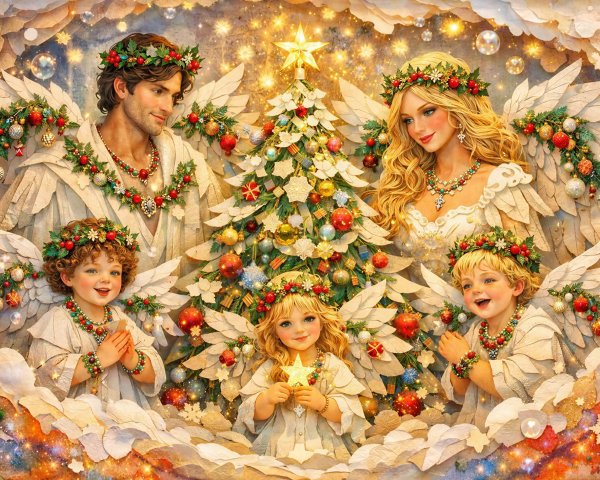 Angels Surrounding a Colorful Christmas Tree Painting