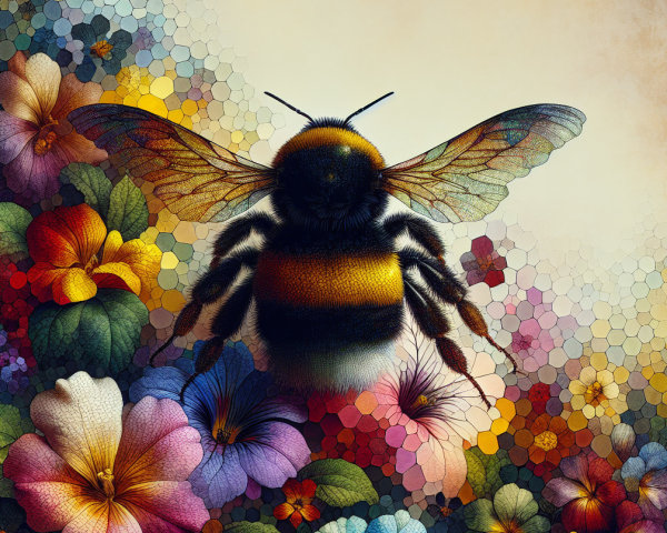 Vibrant Bumblebee Surrounded by Colorful Flowers