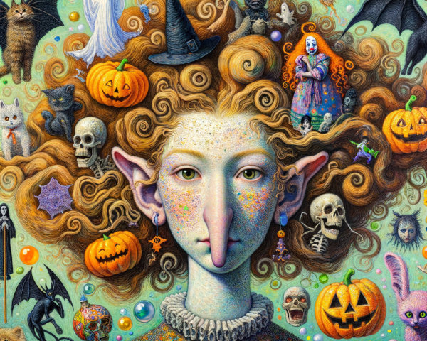 Whimsical Halloween Portrait of a Girl with Curly Hair
