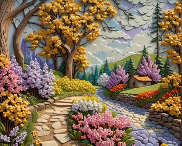 Vibrant Relief Landscape with Blossoming Trees and Cabin