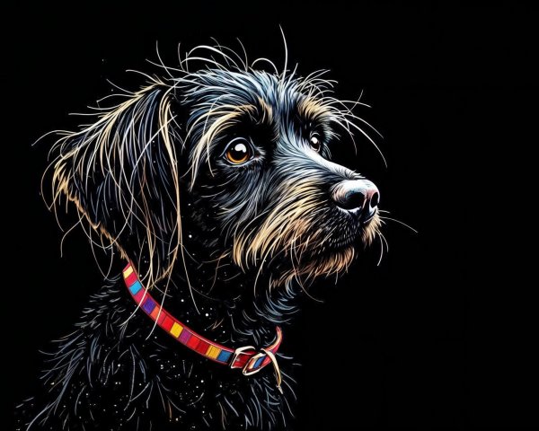 Portrait of a Shaggy Black Dog with Colorful Collar
